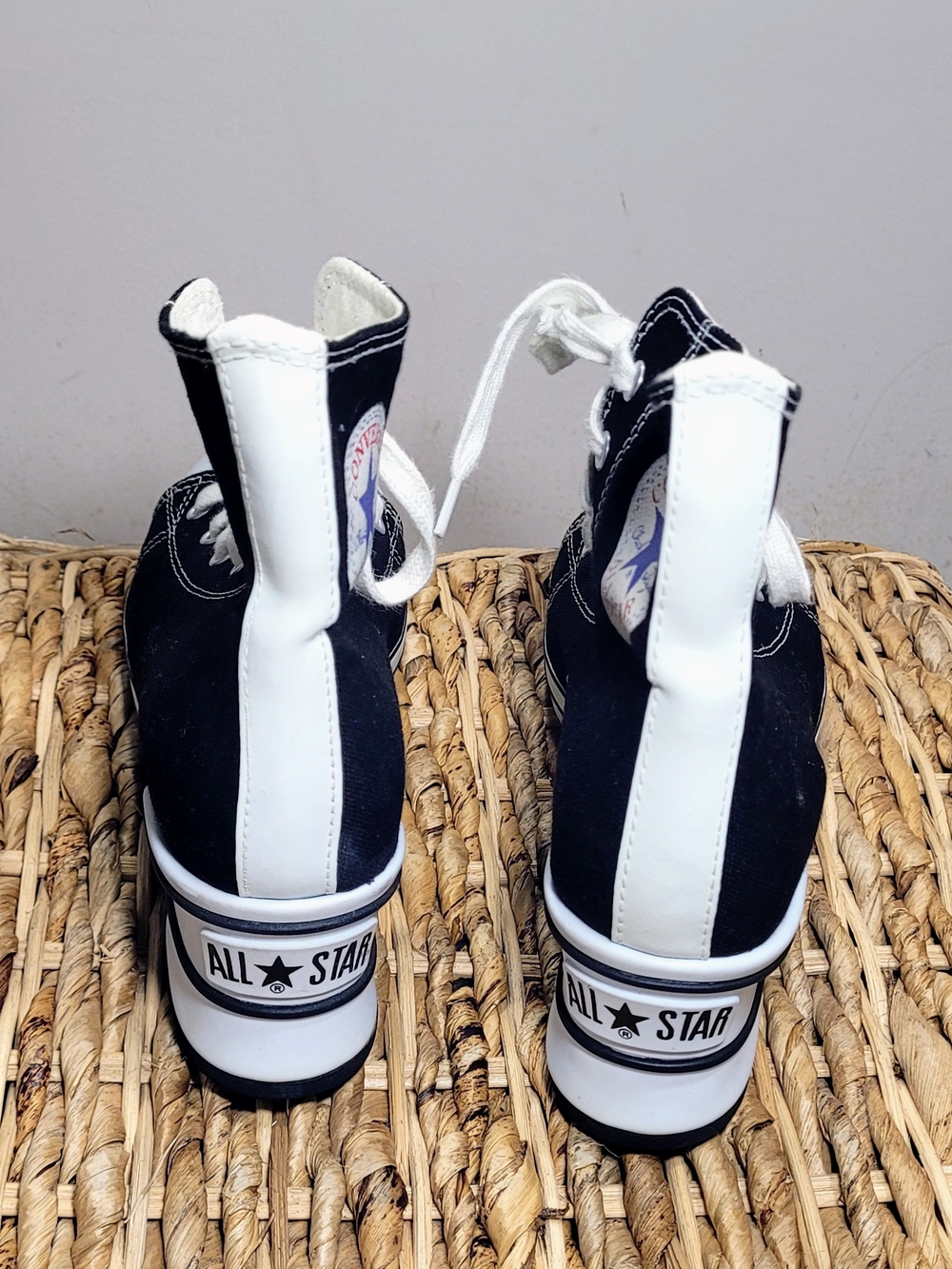 Converse Style Black and White High-Top Lace-Up Platform Boots with Logo Patch - Picture 7 of 11